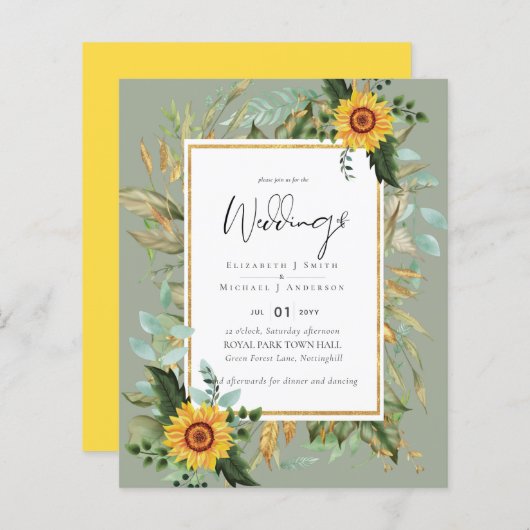 Boho Sunflower Greenery Waterverf Wedding BUDGET (Voorkant / Achterkant)
