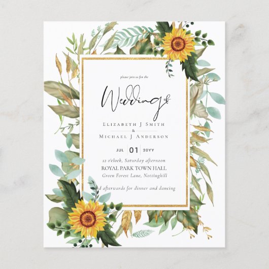 Boho Sunflower Greenery Waterverf Wedding BUDGET Flyer (Voorkant)