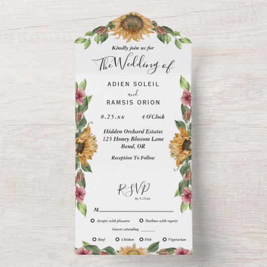 Boho Sunflower Menu Keuze RSVP Wedding All In One Uitnodiging (Binnen)