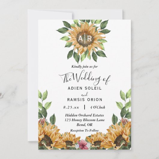 Boho Sunflower Monogram Weddenschap - alles in één Kaart (Voorkant)