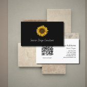 Boho Sunflower QR code Interior Designer Black Visitekaartje