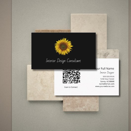 Boho Sunflower QR code Interior Designer Black Visitekaartje