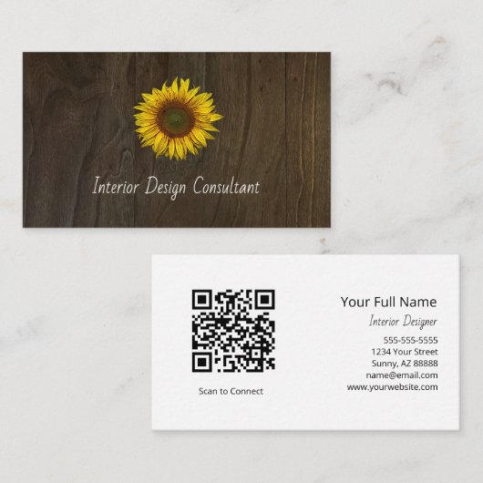 Boho Sunflower QR code Rustic Barn Wood Visitekaartje (Voorkant / Achterkant)