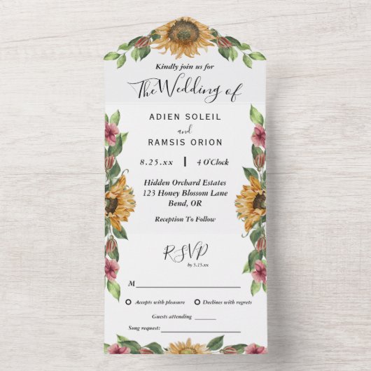 Boho Sunflower Song Request RSVP Wedding All In One Uitnodiging (Binnen)