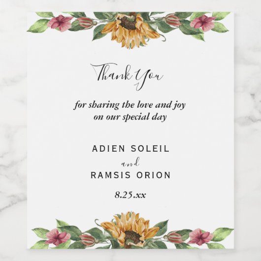 Boho Sunflower Weddenschap Hartelijk dank Wijn Etiket (Enkel label)