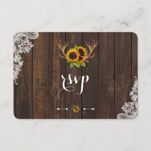 Boho Sunflowers Antlers Wood Lace Invitation RSVP