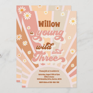 Boho Sunshine Young Wild and Three Birthday Party Kaart