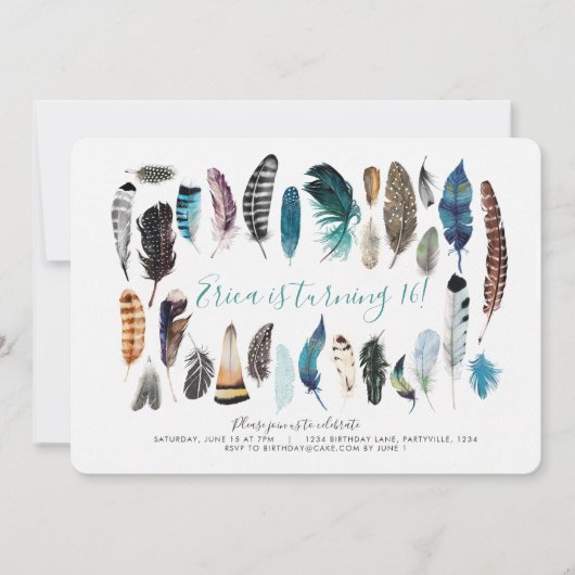 Boho Sweet 16 Feather Verjaardag Uitnodiging (Voorkant)