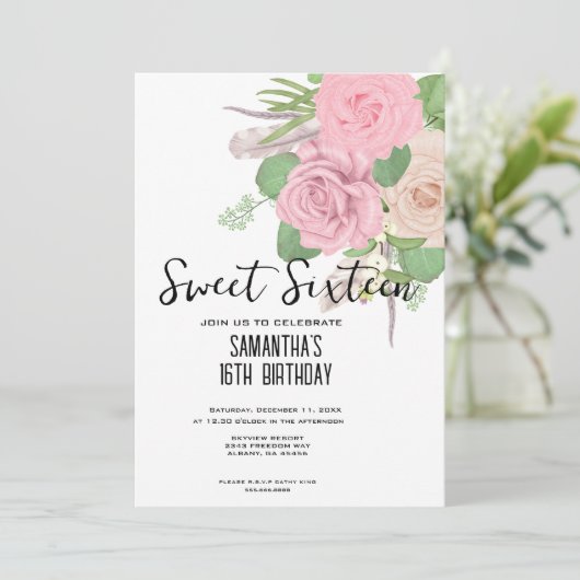 Boho Sweet 16 Invitation - Aquarelle rose Floral (Debout devant)