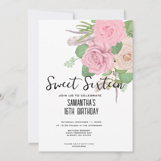 Boho Sweet 16 Invite - Roze Waterverf Bloemen Kaart (Voorkant)