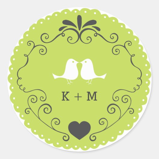 Boho Swirls, Curls, a Banner & Lovebird Wedding Ronde Sticker (Voorkant)