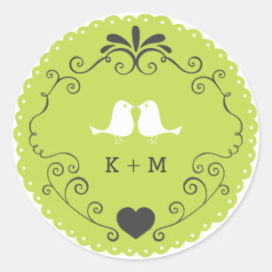 Boho Swirls, Curls, a Banner & Lovebird Wedding Ronde Sticker