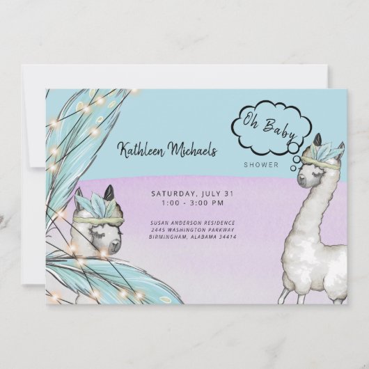 Boho Talking Llama Pink Turquoise Oh Baby shower Kaart (Voorkant)