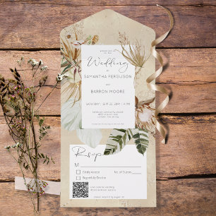 Boho Tan Bloemengras QR-code All In One Uitnodiging