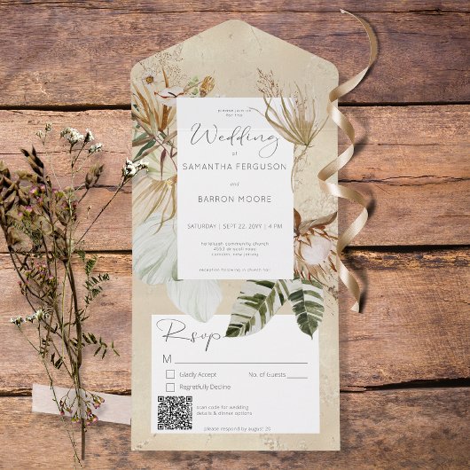 Boho Tan Floral Grass QR Code All In One Uitnodiging