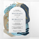 Boho Taupe Navy Blue Brush Strokes QR Code Weddens Drieluik Uitnodiging (Binnenzijde eerst)