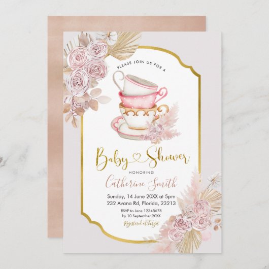 Boho Tea Party Baby shower Uitnodiging (Voorkant / Achterkant)