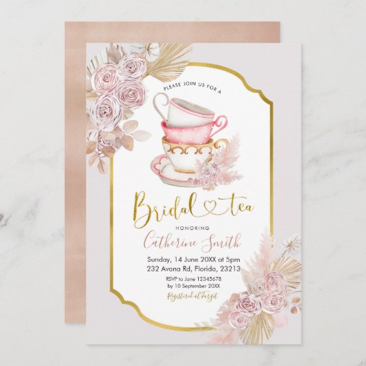 Boho Tea Party Invitation de la douche nuptiale (Devant / Derrière)
