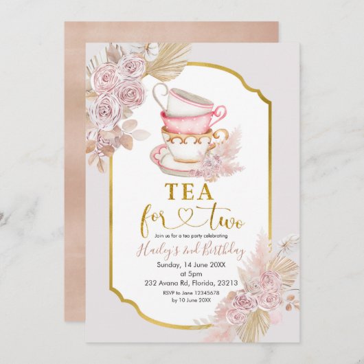 Boho Tea pour deux deuxièmes Invitation anniversai (Devant / Derrière)