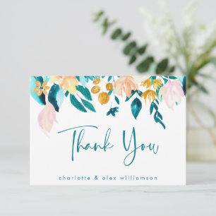 Boho Teal en Goud Waterverf Bloemstuk Aangepaste V Bedankkaart