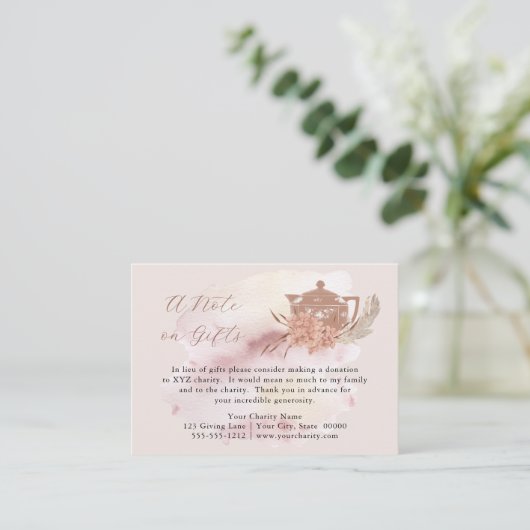 Boho Teapot Hydrangeas Donation in plaats van Gift Informatiekaartje (Staand voorkant)