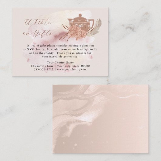 Boho Teapot Hydrangeas Donation in plaats van Gift Informatiekaartje (Voorkant / Achterkant)