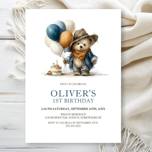 Boho Teddy Bear 1st Birthday Party Invitation