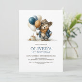 Boho Teddy Bear 1st Birthday Party Invitation Kaart (Staand voorkant)