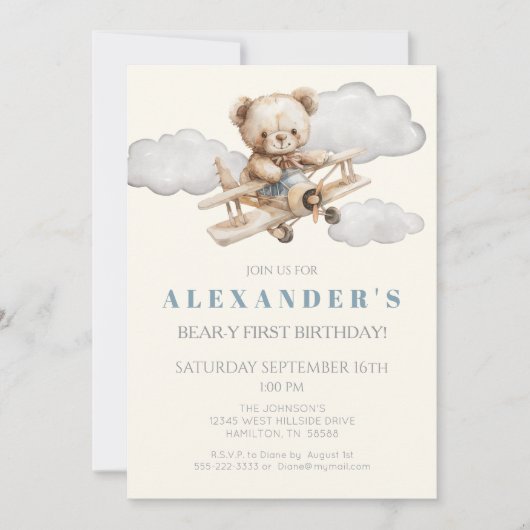 Boho Teddy Bear Avion Anniversaire Fête Invitation (Devant)