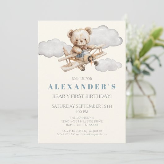Boho Teddy Bear Avion Anniversaire Fête Invitation (Debout devant)