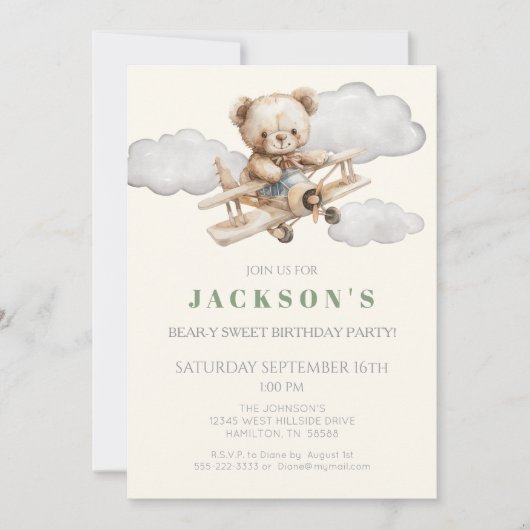 Boho Teddy Bear Avion Anniversaire Fête Invitation (Devant)