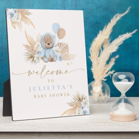 Boho Teddy Bear Baby shower Boy Blue Beer Welkom Fotoplaat (Zijkant)