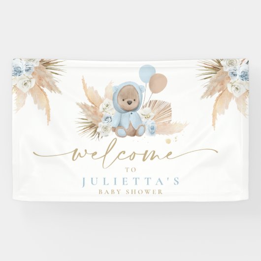 Boho Teddy Bear Baby shower Boy Blue Beer Welkom Spandoek (Horizontaal)