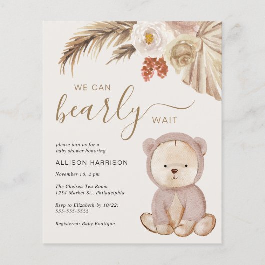 Boho Teddy Bear Baby shower Invitation (Voorkant)