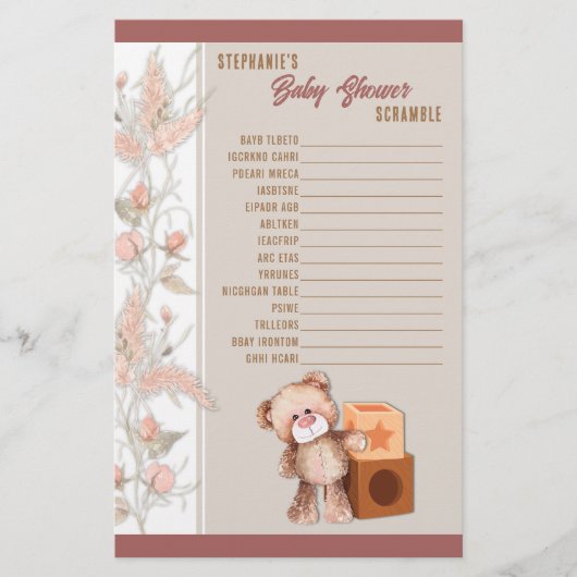 Boho Teddy Bear Baby shower Scramble Game Briefpapier (Voorkant)