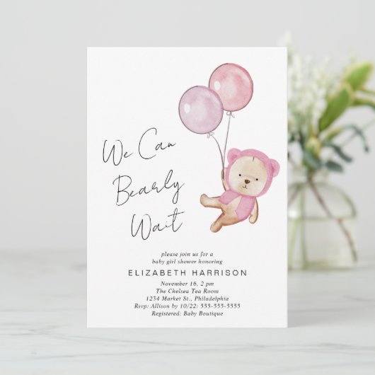 Boho Teddy Bear Balloons Baby Girl Shower Kaart (Staand voorkant)