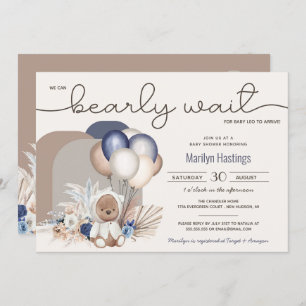 Boho Teddy Bear & Balloons Barly Wait Baby shower Kaart