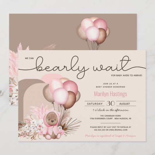 Boho Teddy Bear & Balloons Barly Wait Baby shower Kaart (Voorkant / Achterkant)