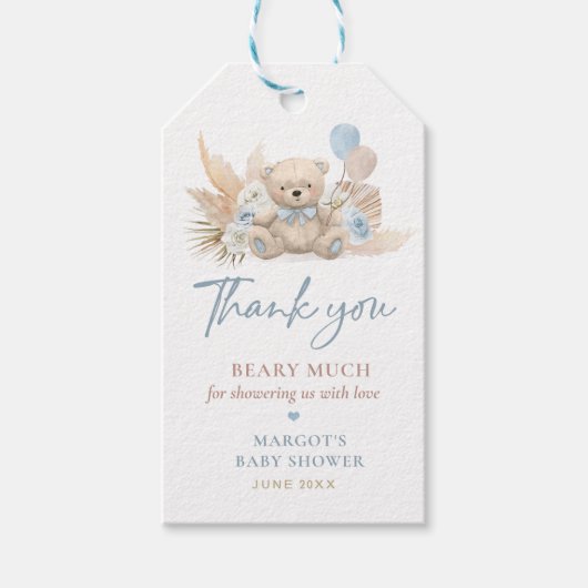 Boho Teddy Bear Blue Barly Wait Baby shower Favor Cadeaulabel (Voorkant)