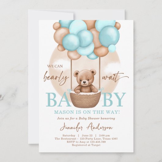 Boho Teddy Bear Blue Boy Barly Wachten Baby shower Kaart (Voorkant)