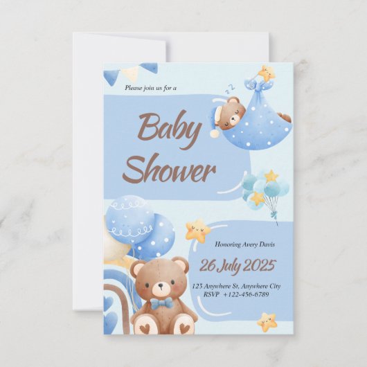 Boho Teddy Bear Boy Blue Baby Shower Invitation (Devant)