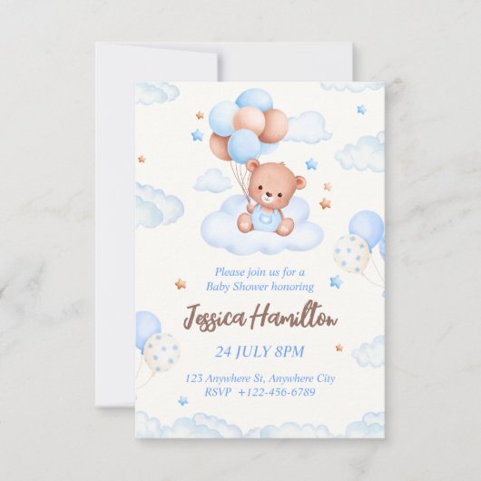 Boho Teddy Bear Boy Blue Baby shower Invitation (Devant)