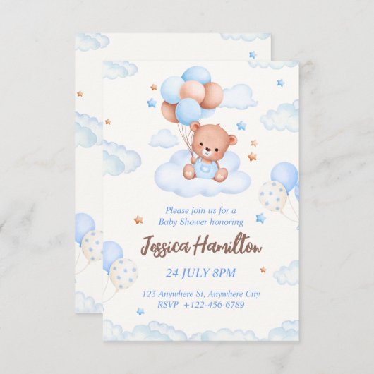 Boho Teddy Bear Boy Blue Baby shower Invitation (Devant / Derrière)