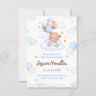 Boho Teddy Bear Boy Blue Baby shower Invitation