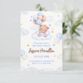 Boho Teddy Bear Boy Blue Baby Shower Invitation Kaart (Staand voorkant)