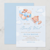 Boho Teddy Bear Boy Blue Barly Wacht Baby shower I Kaart (Voorkant / Achterkant)