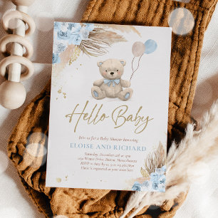 Boho Teddy Bear Boy Blue Barly Wait Baby shower Kaart