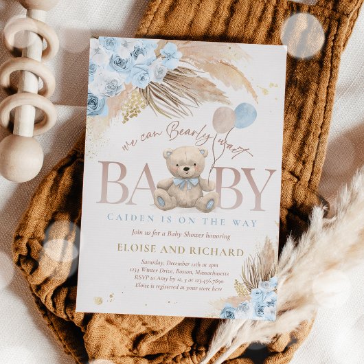 Boho Teddy Bear Boy Blue Barly Wait Baby shower Kaart
