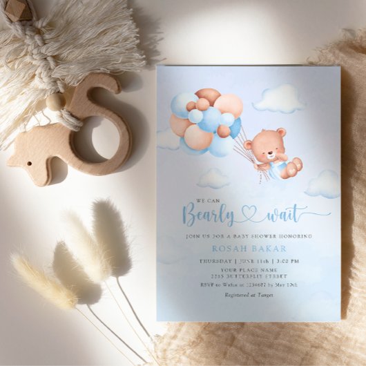 Boho Teddy Bear Boy Blue Barly Wait Baby shower Kaart