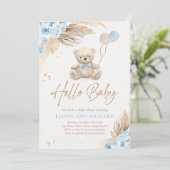 Boho Teddy Bear Boy Blue Barly Wait Baby shower Kaart (Staand voorkant)
